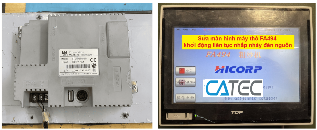 nhân viên catec đang sửa màn hình m2i xtop